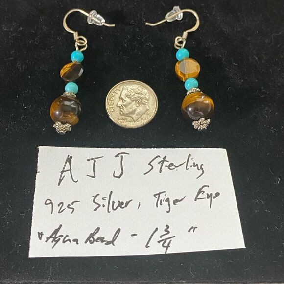 AJJ Sterling 1 3/4” Dangles with Tiger eye & Turquoue beads - Picture 7 of 7